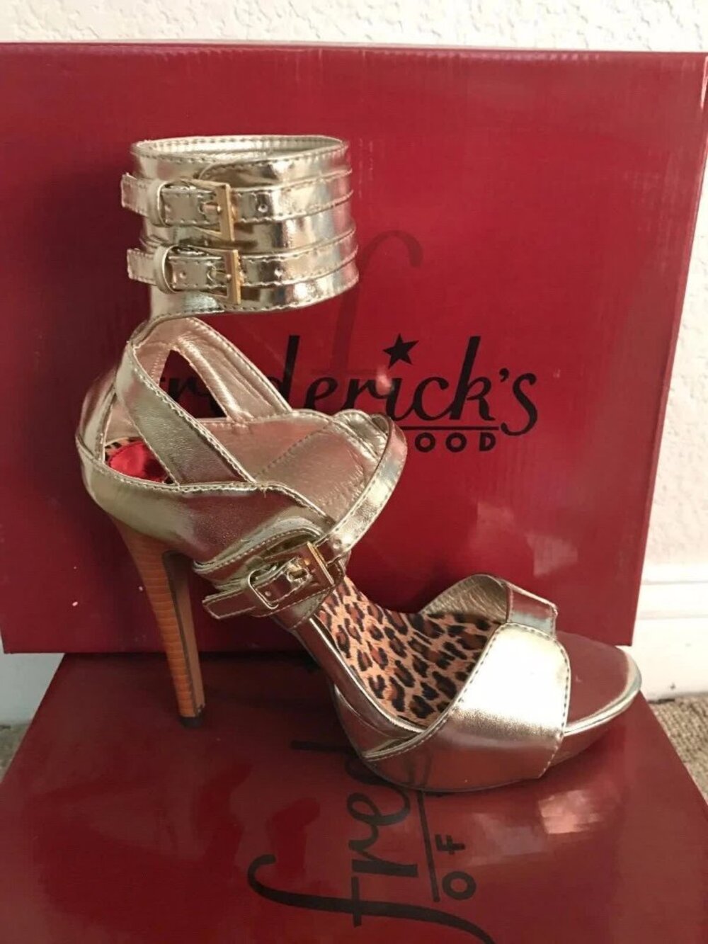 Fredericks of Hollywood 12165-70 Soft Gold Open Toe High Heels - Picture 2 of 3